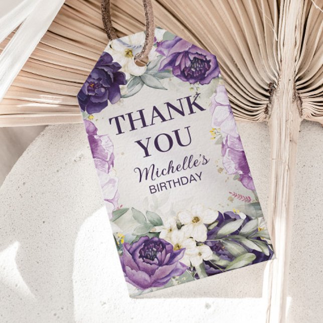 Lila White Blommigt Glitter Birthday Tack Presentetikett (Purple and white floral birthday party "Thank you" gift tags)