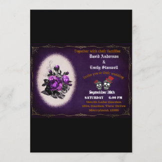 Lila White Blommigt Gothic Skull Halloween Bröllop Inbjudningar