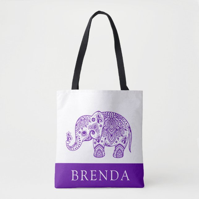 Lila & White Blommigt Paisley Elephant Tote Bag Tygkasse (Framsida)
