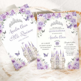 Lila White Blommigt Princess Castle Quinceañera XV Inbjudningar