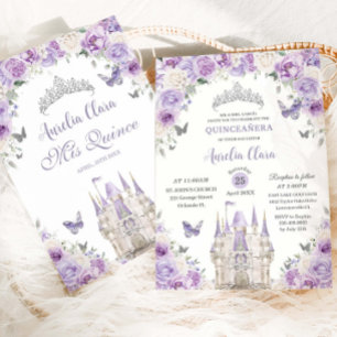 Lila White Blommigt Princess Castle Quinceañera XV Inbjudningar