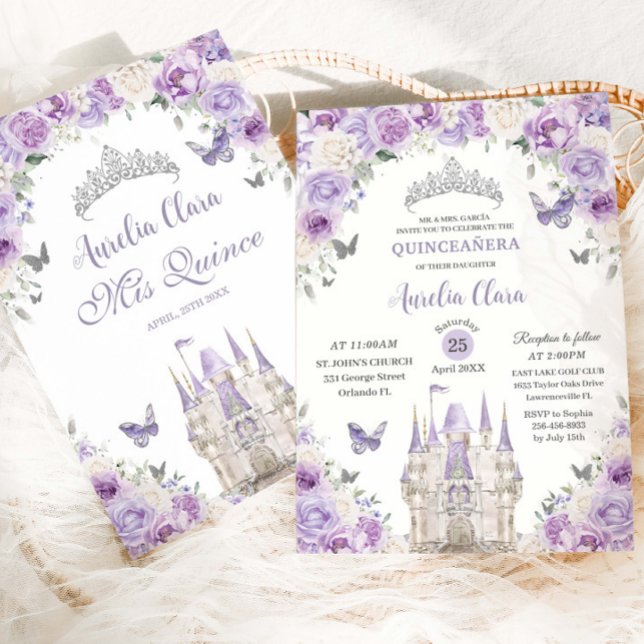 Lila White Blommigt Princess Castle Quinceañera XV Inbjudningar (Skapare uppladdad)