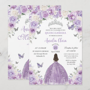 Lila White Blommigt Princess Quinceañera XV 16 Inbjudningar