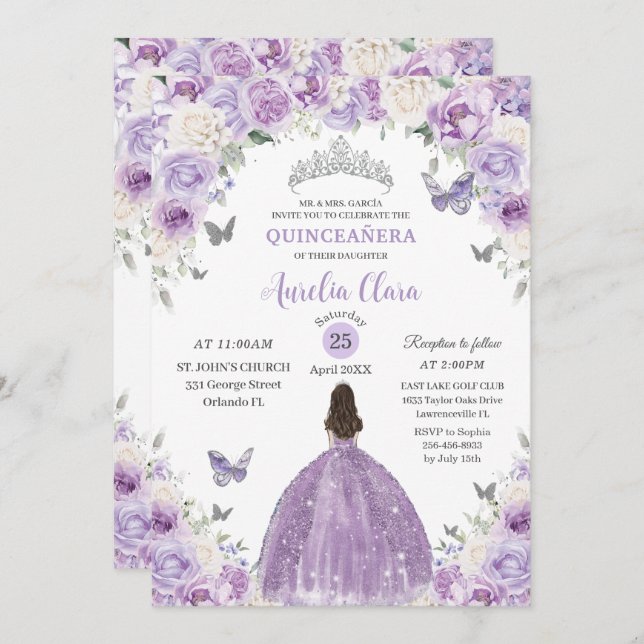Lila White Blommigt Princess Quinceañera XV 16 Inbjudningar (Fram/baksida)