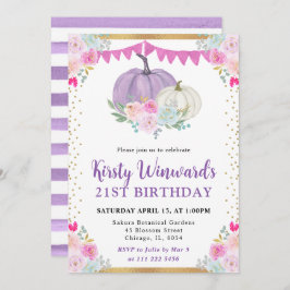 Lila White Blommigt Pumpkins Fall 21:a födelsedage Inbjudningar