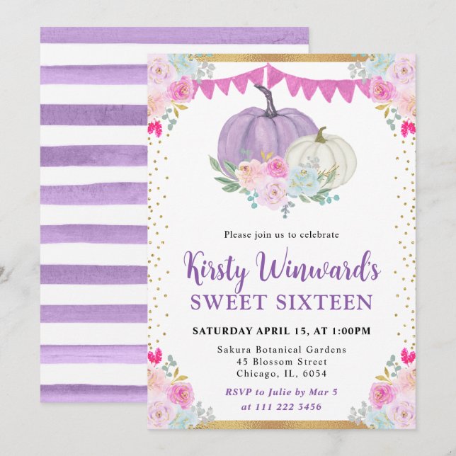 Lila White Blommigt Pumpkins Fall Sweet 16 Inbjudningar (Fram/baksida)