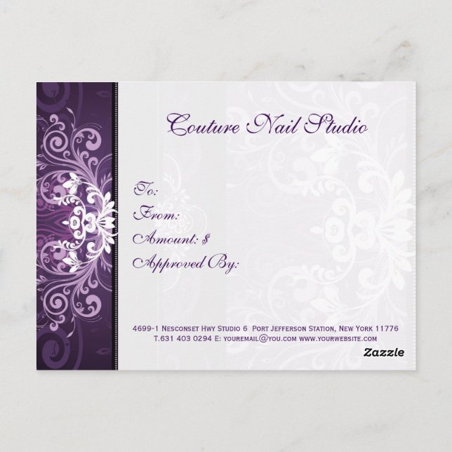 Lila & White Blommigt Swirl Gift Certificate Vykort (Baksida)