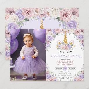 Lila  White Blommigt Unicorn Birthday Photo Inbjudningar