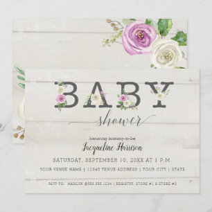 Lila White Blommigts n Wood   Baby Shower Inbjudningar