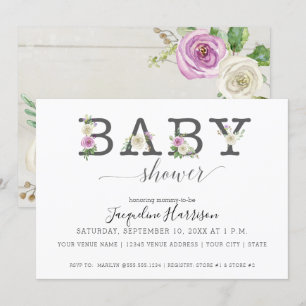 Lila White Blommigts Rustic   Baby Shower Inbjudningar