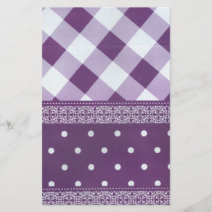 Lila White Checkad Polka Dot Blommigt Damask Art Brevpapper