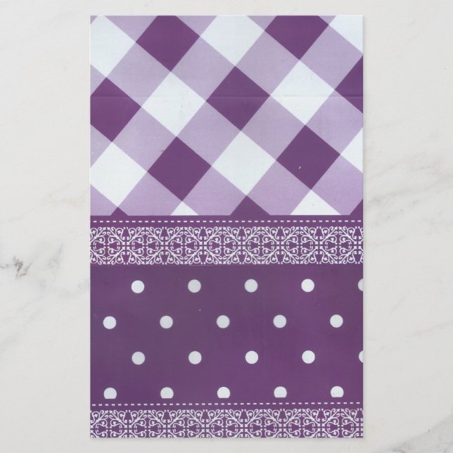 Lila White Checkad Polka Dot Blommigt Damask Art Brevpapper (Framsida)