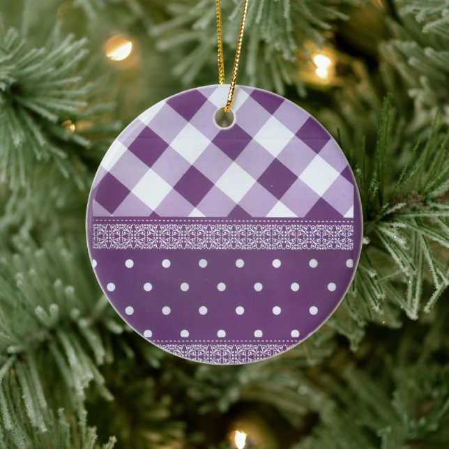 Lila White Checkad Polka Dot Blommigt Damask Art Julgransprydnad Keramik (Träd)
