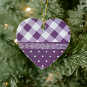 Lila White Checkad Polka Dot Blommigt Damask Art Julgransprydnad Keramik