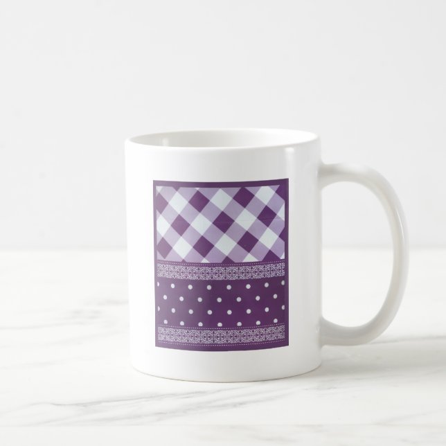 Lila White Checkad Polka Dot Blommigt Damask Art Kaffemugg (Höger)