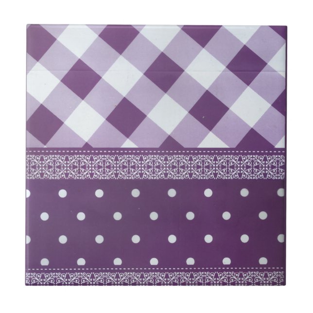 Lila White Checkad Polka Dot Blommigt Damask Art Kakelplatta (Framsidan)