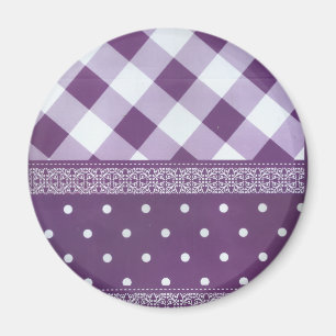 Lila White Checkad Polka Dot Blommigt Damask Art Magnet