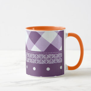 Lila White Checkad Polka Dot Blommigt Damask Art Mugg