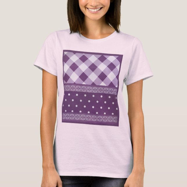 Lila White Checkad Polka Dot Blommigt Damask Art Tee (Framsida)