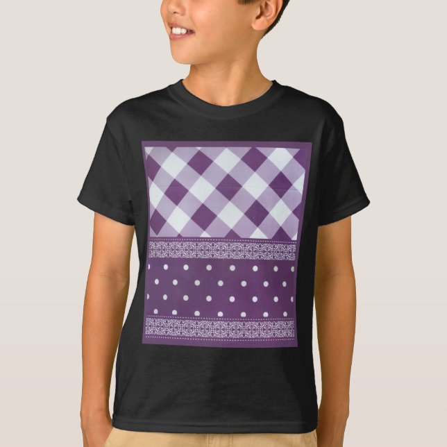 Lila White Checkad Polka Dot Blommigt Damask Art Tee Shirt (Framsida)