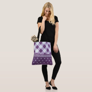 Lila White Checkad Polka Dot Blommigt Damask Art Tygkasse