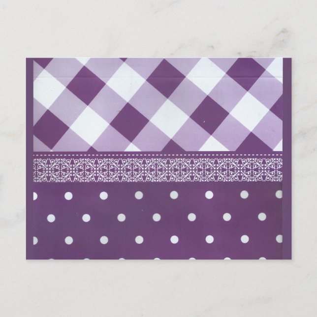 Lila White Checkad Polka Dot Blommigt Damask Art Vykort (Framsida)