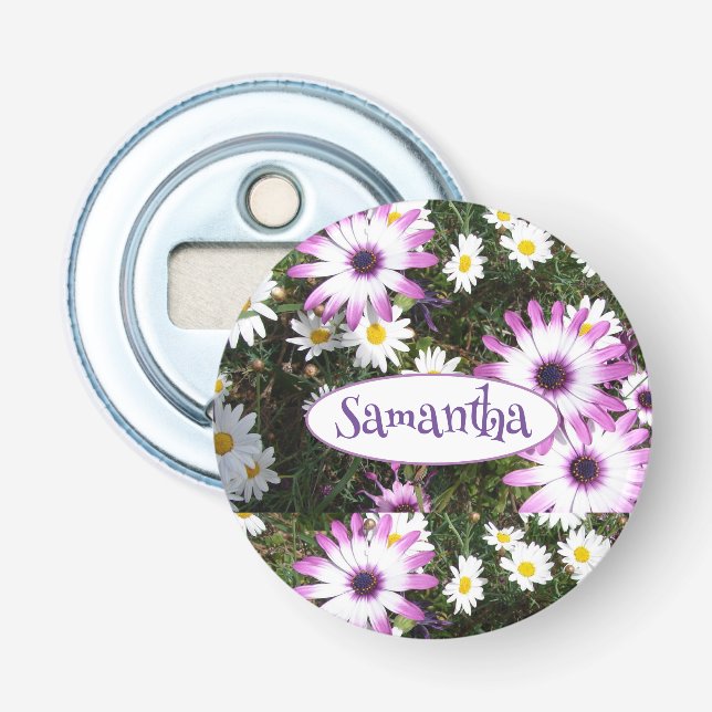 Lila White Daisy Blomsterträdgård Anpassade Namn Flasköppnare (Framsidan)
