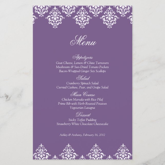 Lila White Damask Arabesque Bröllop Menu Card (Framsida)