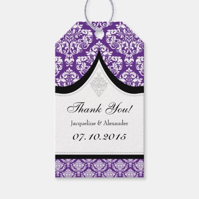 Lila White Damask Wedding Tacks Presentetikett (Framsidan)