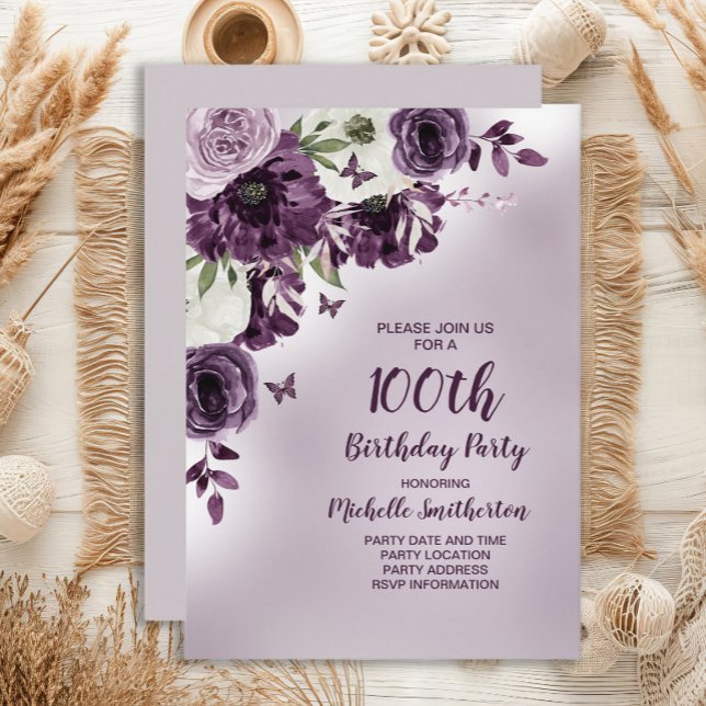 Lila White Flowers Butterflies 100 Birthday Inbjudningar (Purple floral and butterflies 100th birthday party invitation)