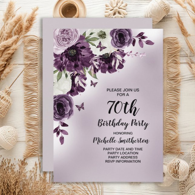 Lila White Flowers Butterflies 70:e födelsedagen Inbjudningar (Purple watercolor floral and butterflies women's 70th birthday party invitation)