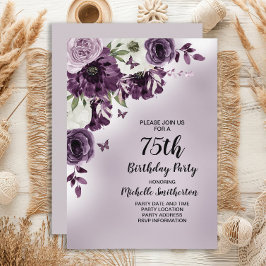 Lila White Flowers Butterflies 75:e Birthday Inbjudningar