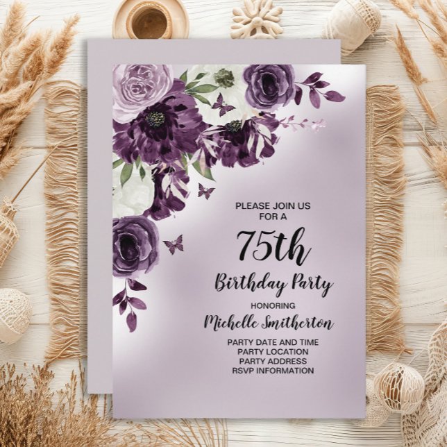 Lila White Flowers Butterflies 75:e Birthday Inbjudningar (Purple and white floral and butterflies 75th birthday party invitation for her. )