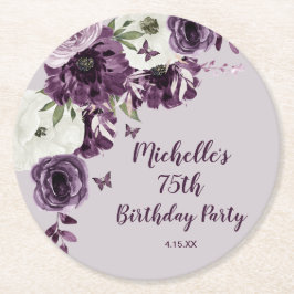 Lila White Flowers Butterflies 75:e Birthday Underlägg Papper Rund