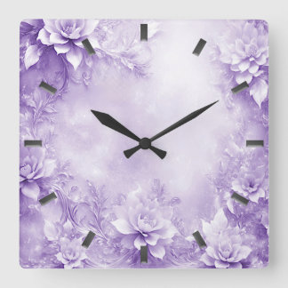 Lila White Flowers Wall Clock Fyrkantig Klocka