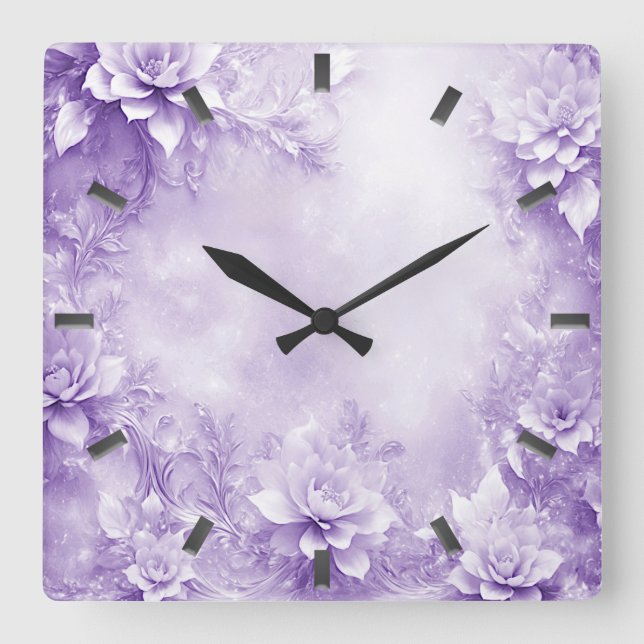 Lila White Flowers Wall Clock Fyrkantig Klocka (Framsida)