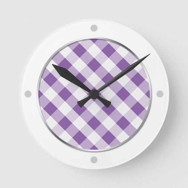 Lila & White Gingham Mönster Wall Clock Rund Klocka (Framsida)