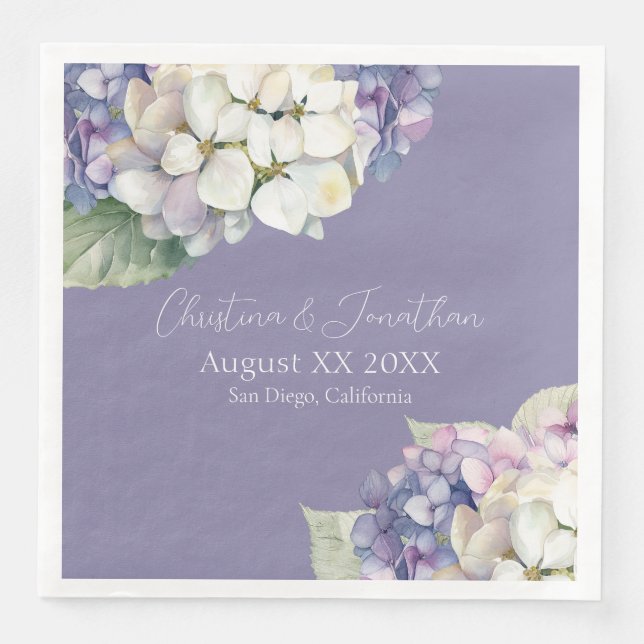 Lila & White Hydrangea Flowers på Lavender Pappersservett (Framsida)