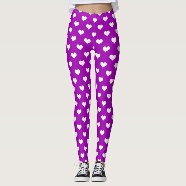 Lila White Kärlek Heart Mönster Design Leggings (Framsida)