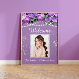 Lila White Pearls Quinceañera Photo Welcome Namn Poster