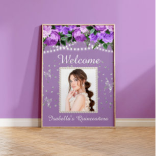 Lila White Pearls Quinceañera Photo Welcome Namn Poster