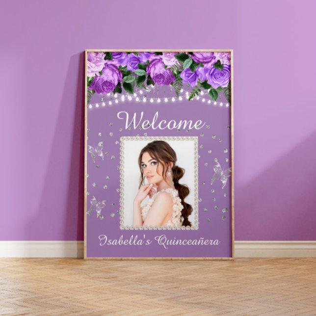 Lila White Pearls Quinceañera Photo Welcome Namn Poster (Skapare uppladdad)