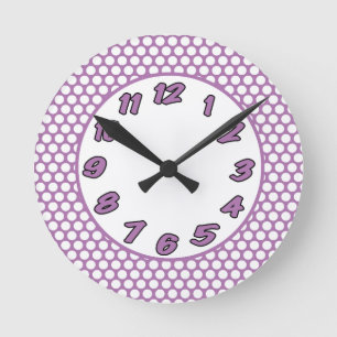 Lila & White Polka dots Rund Klocka