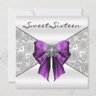 Lila White Satin Damask Sweet sixteen Inbjudningar