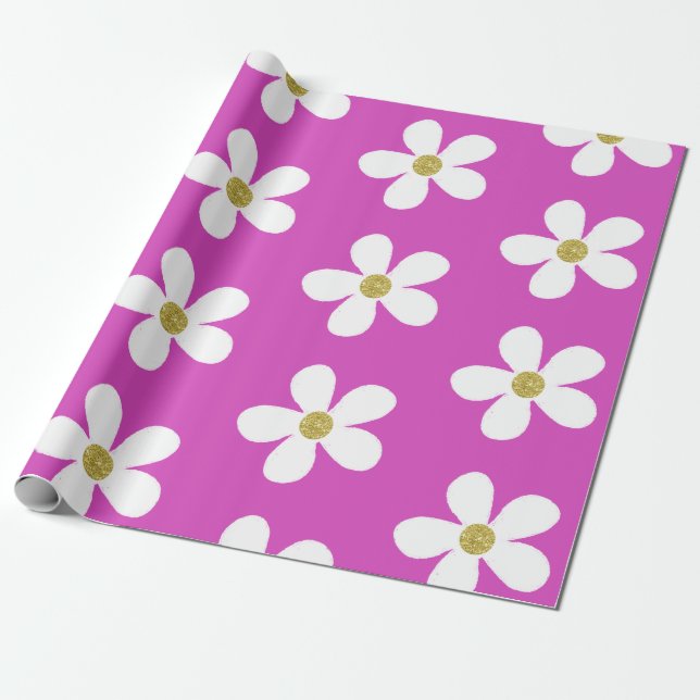 Lila White Simple Daisy Guld Presentpapper (Utrullad)