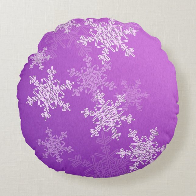 Lila White Snöflingor - minimalistisk jul Rund Kudde (Framsidan)