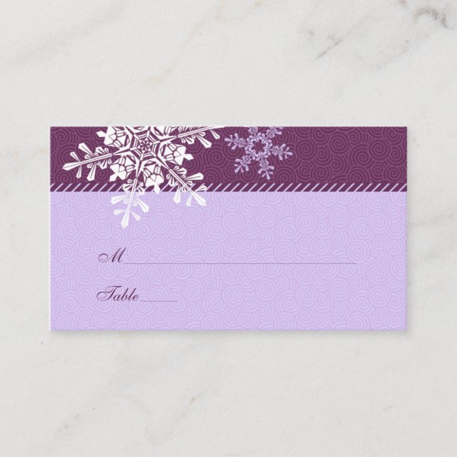 Lila White Snowflake Winter Wedplace Cards Placeringskort (Framsida)
