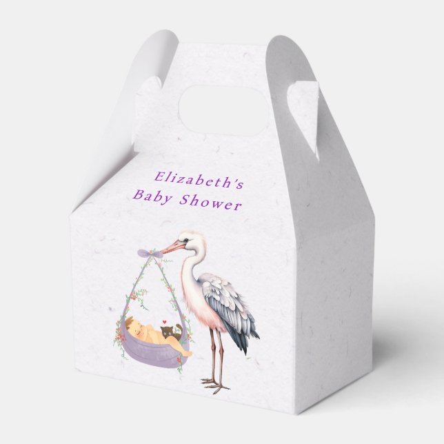 Lila White Stork Baby Shower Presentaskar (Framsidan Sidan)