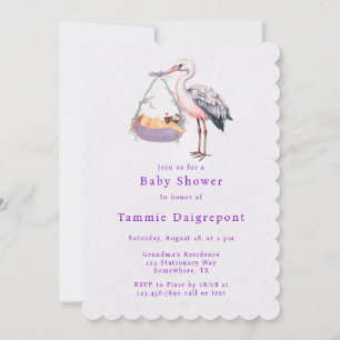Lila White Stork Girl Baby Shower Inbjudningar