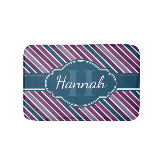 Lila White Teal Bold Rand Mönster Monogram Badrumsmatta (Framsidan)